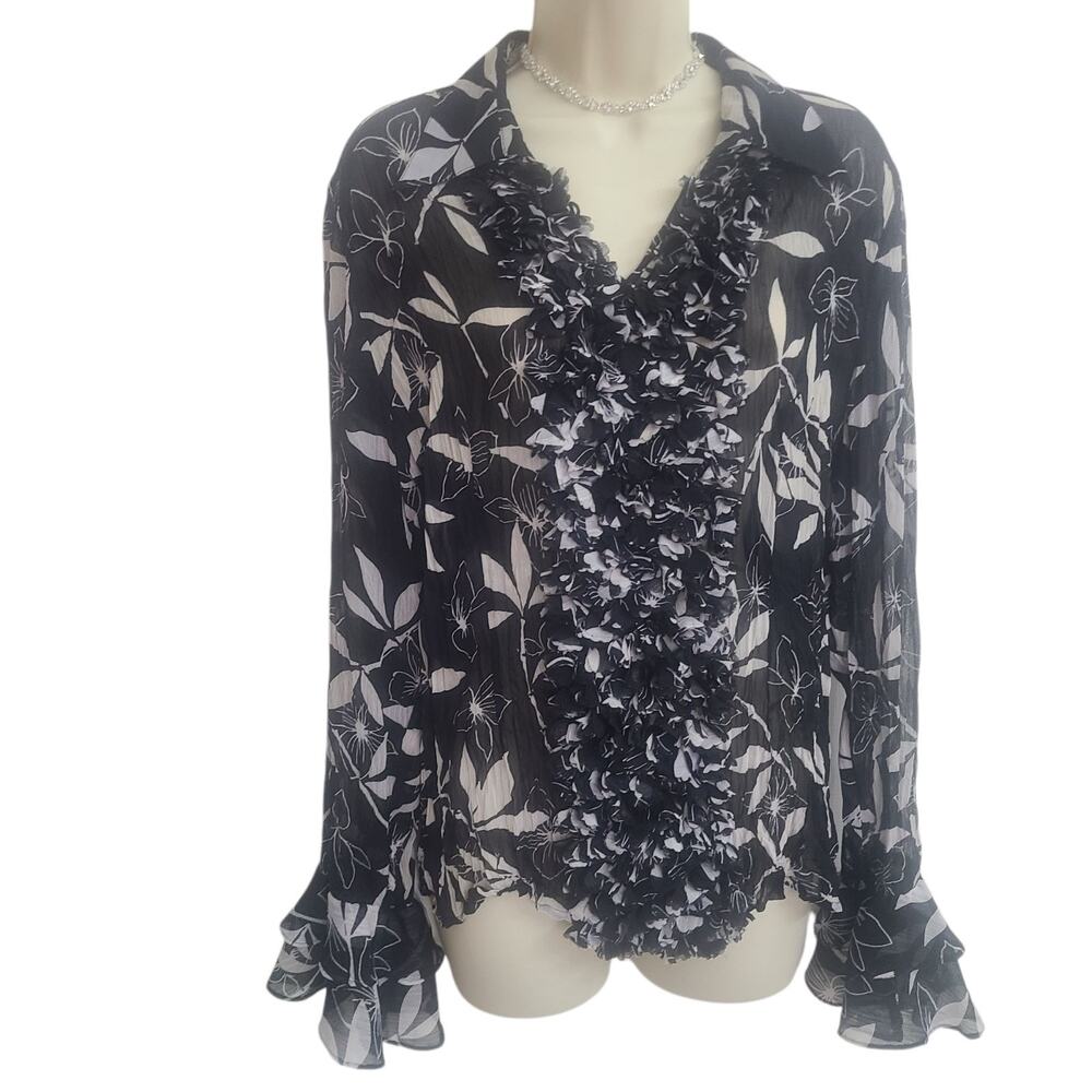 D&Y Blouse Womens Black White Floral Ruffle Front Sheer Top Long Sleeve Size L
